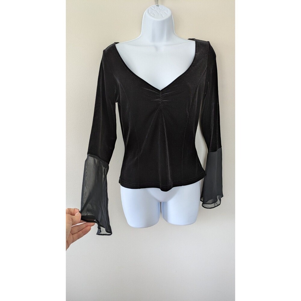 Boston Proper Black Velvet Top XS Sheer Bell Sleeve Whimsigoth Fairy Grunge